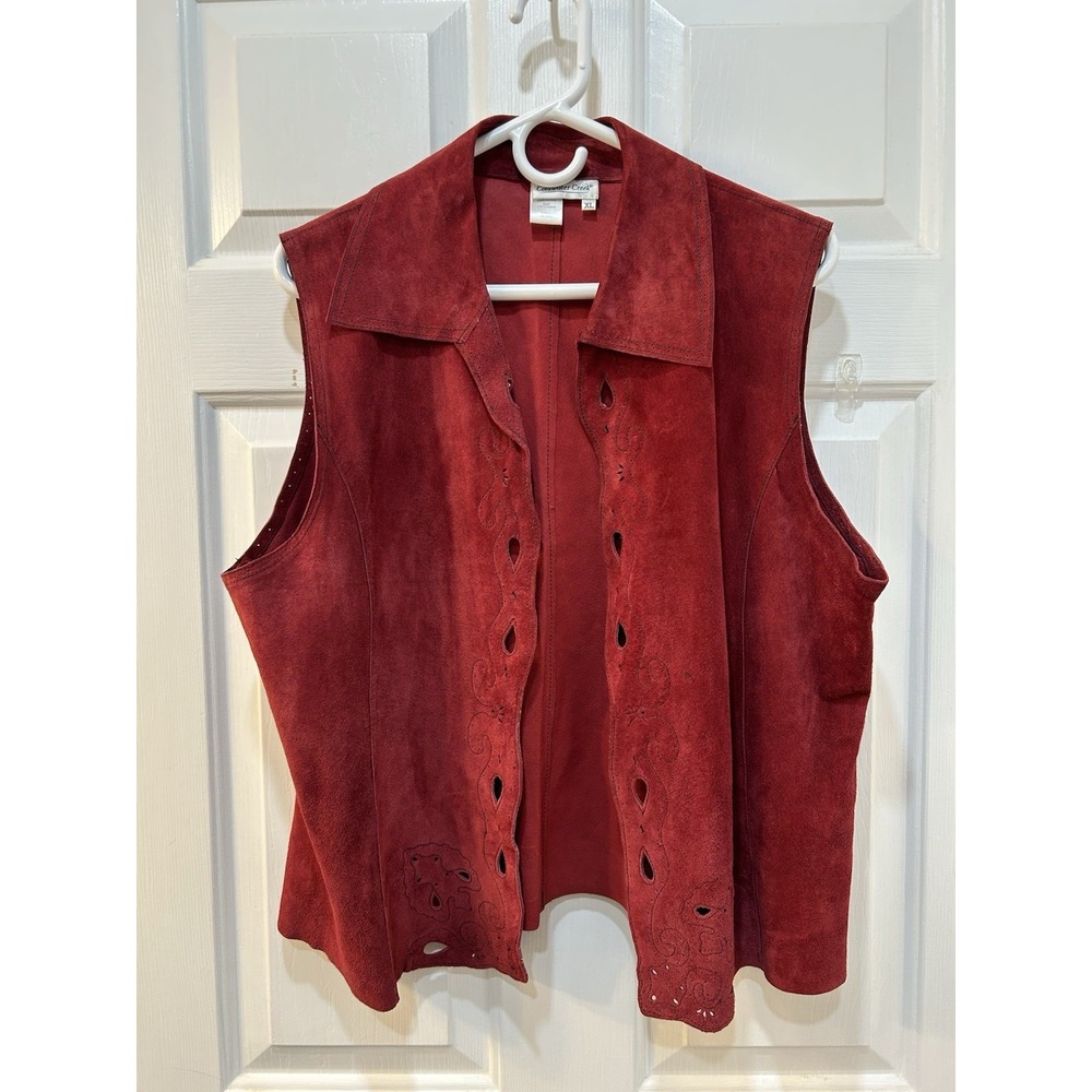 Vtg Coldwater Creek Women's XL Leather Vest Sable Red Open Front Cut Out Western